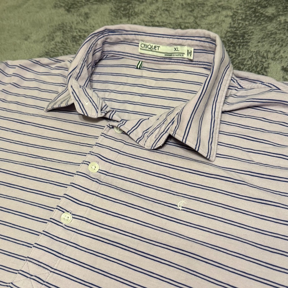 CRIQUET Mens XL‎ Striped Golf Polo Shirt Short Sleeve Purple Navy Striped